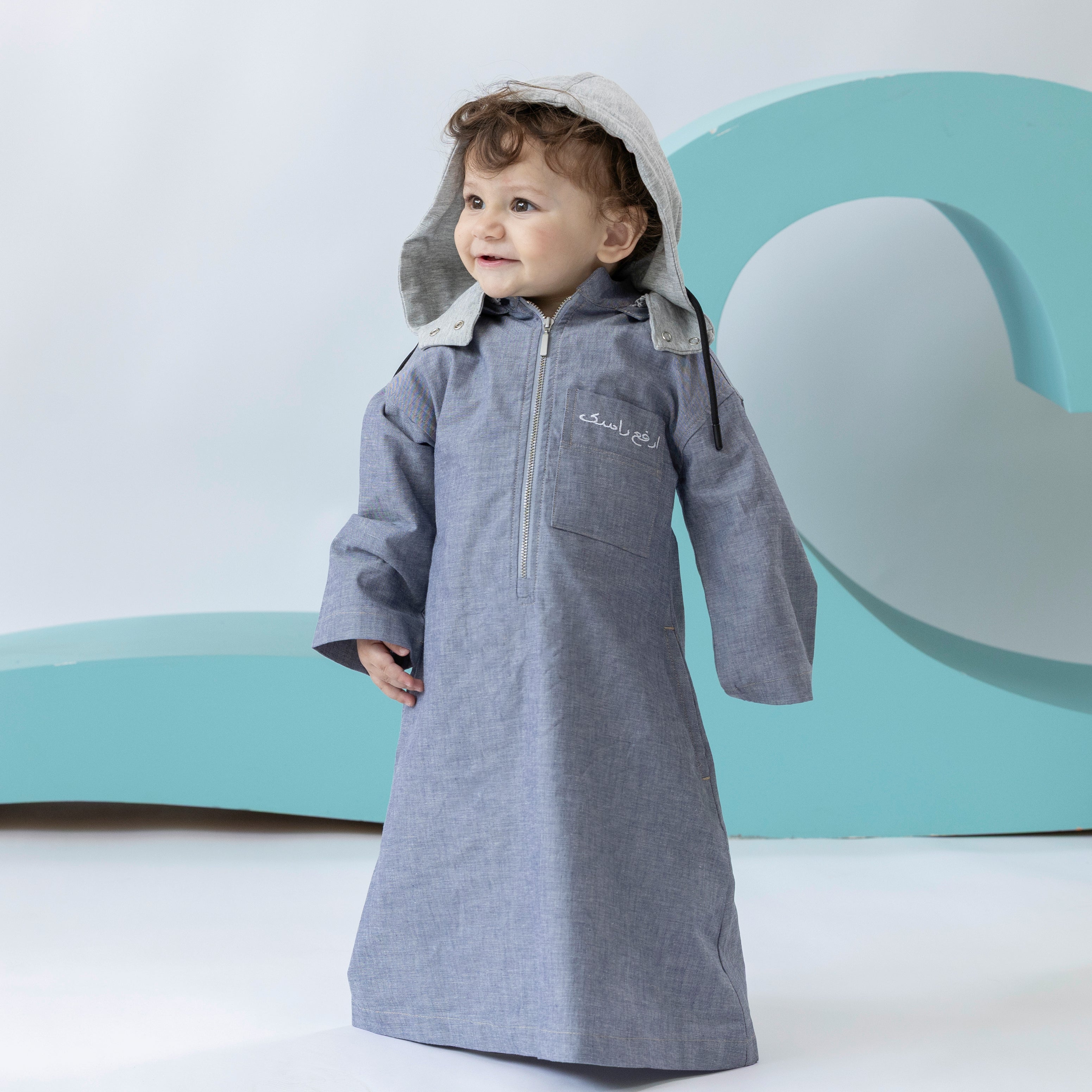 BOY DENIM HOODIE KAFTAN GRAY ZIPPER